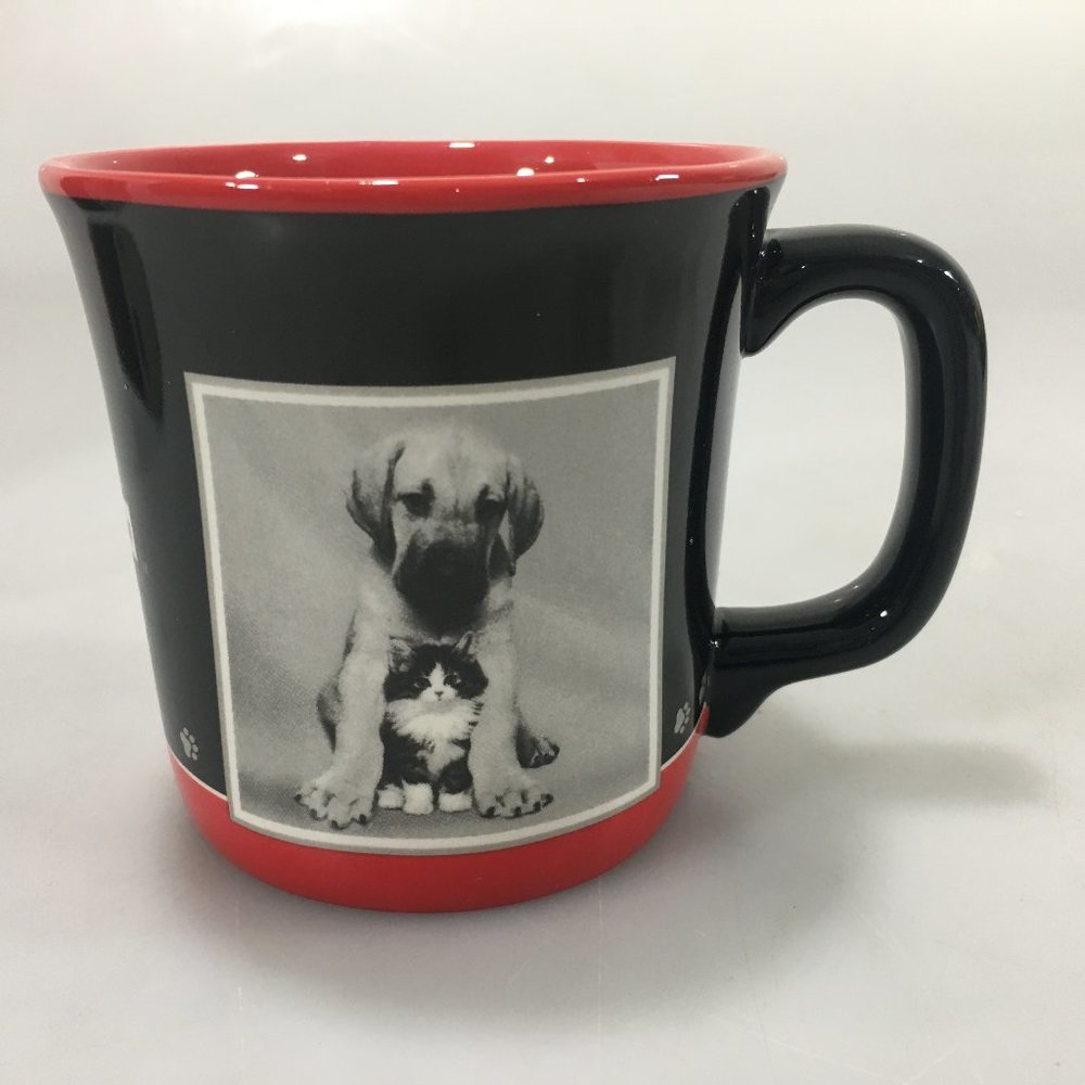Keith Kimberlin Puppy & Kitten on Black & Red Mug Cup NEW 12 oz Love Friendship